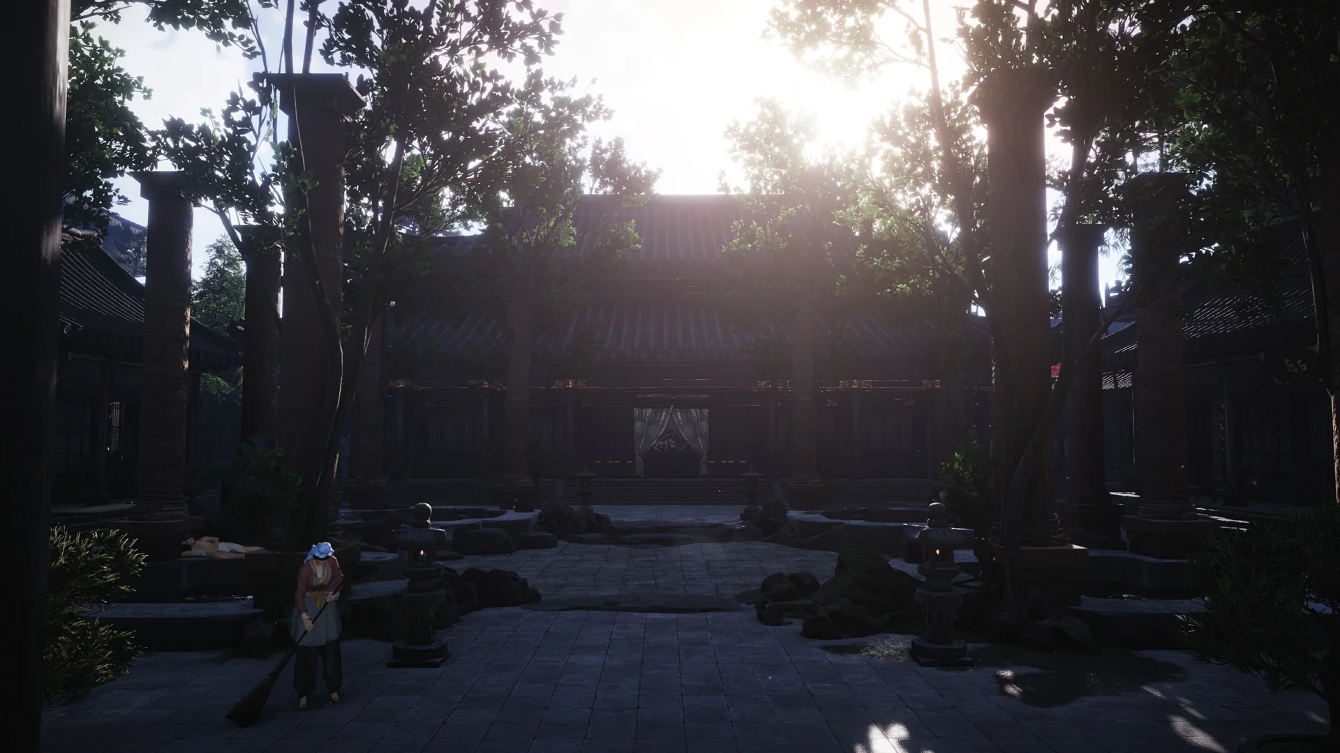 Temple courtyard after covering the water — trees removed, more space to decorate
