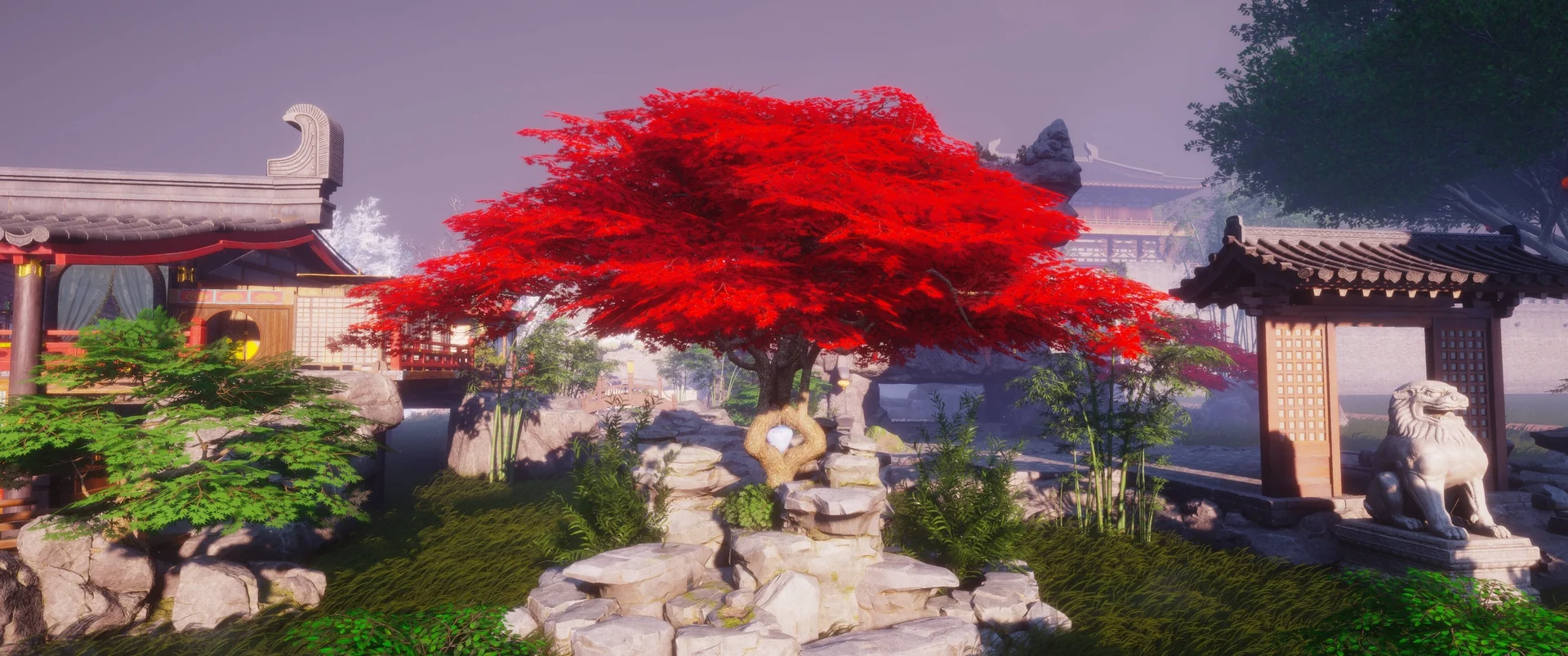Three trees grouped together with a lantern in the center gap