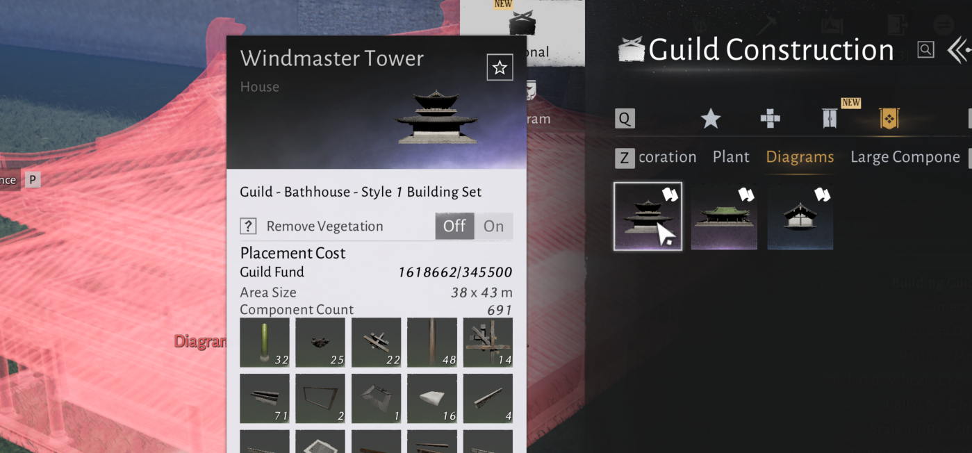 Windmaster Tower is still offered in Guild Construction → Diagrams, with its component list.