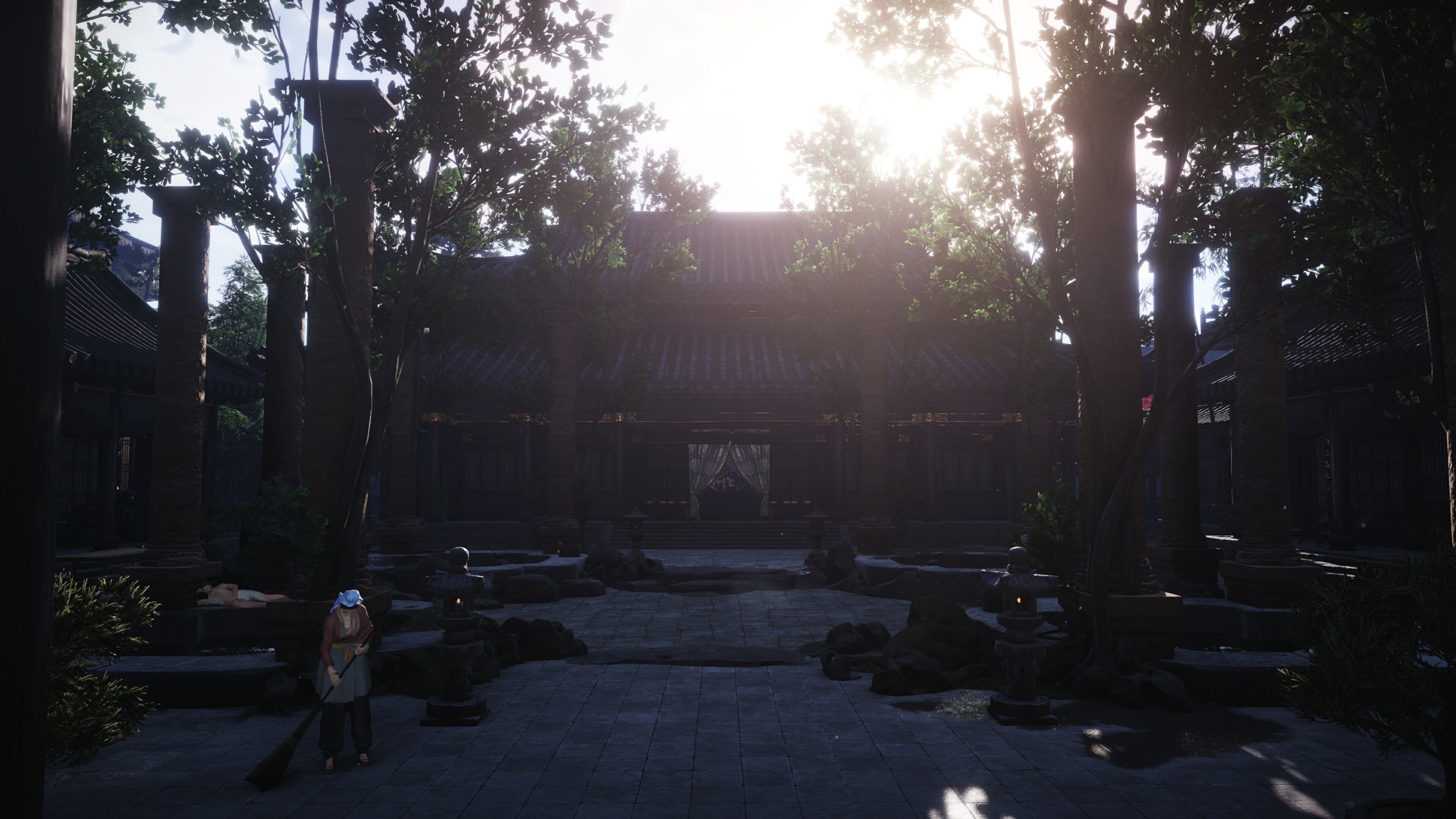 Temple courtyard after covering the water — trees removed, more space to decorate