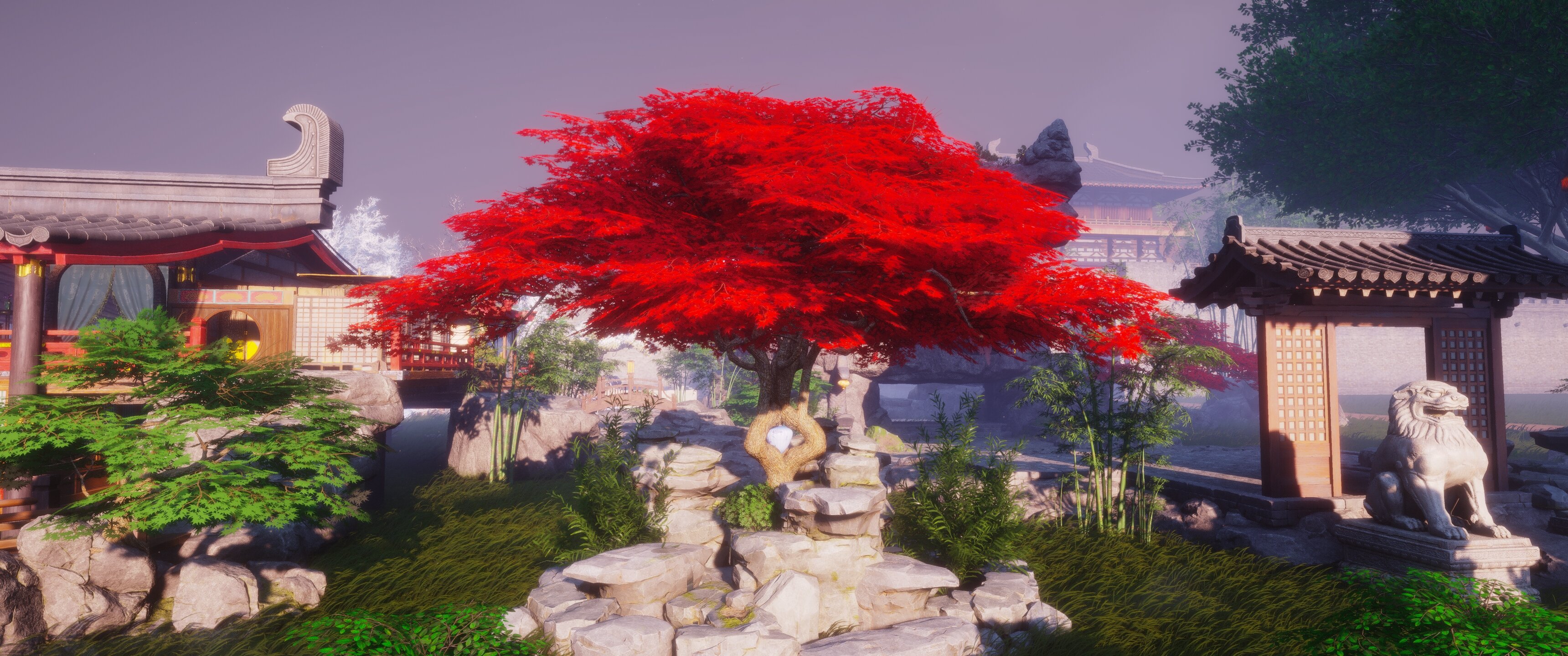Three trees grouped together with a lantern in the center gap